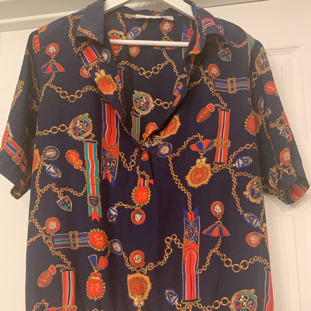 Navy vintage pimp blouse with chain link design